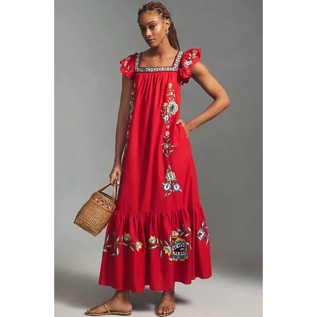 Anthropologie Farm Rio Floral Embroidered Square-Neck Maxi Dress Small Petite
